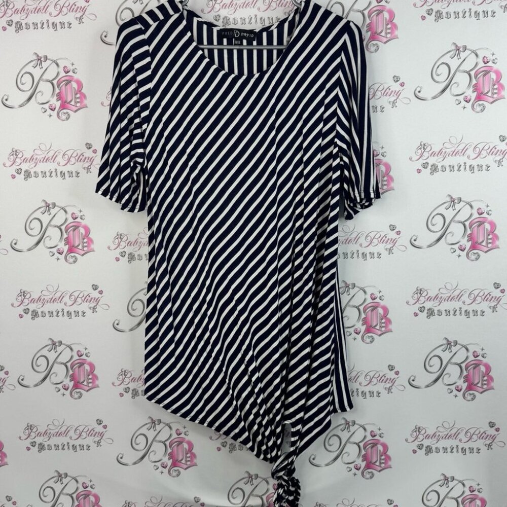 Fred David shirt tee tshirt tie up bottom fairy hem Navy and White Striped Top